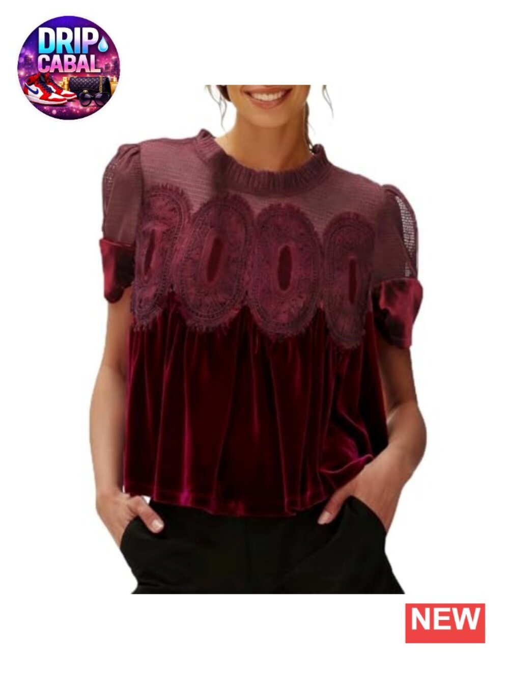 Velvet Lace Blouse Short Sleeve Round Neck Flared Swing Top